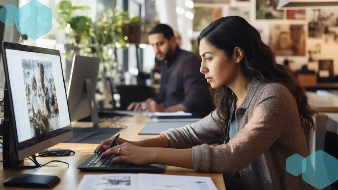 Focused professionals working at desktop computers in a modern office, symbolizing the efficiency and accuracy of the best medical transcription company.