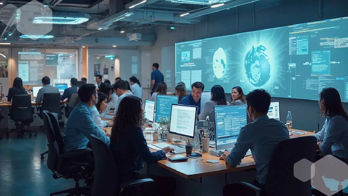 Large team of professionals working at computer stations in a high-tech office, representing the efficiency of outsourcing medical transcription services