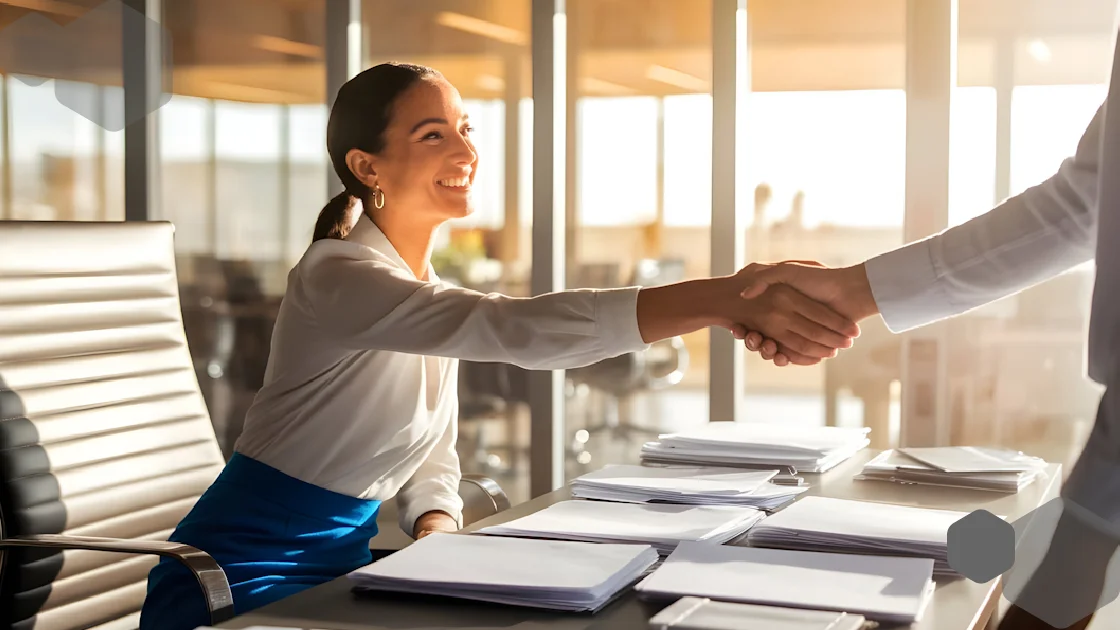 Businesswoman shaking hands in a modern office, symbolizing partnership and professional support for diverse transcription use cases.