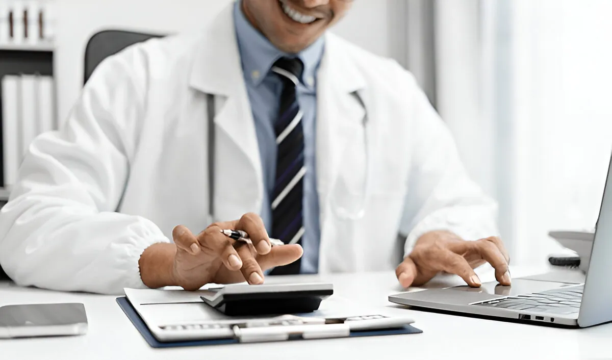 A doctor in a white coat using a calculator and laptop at a desk, representing hospital billing services and financial management in healthcare.