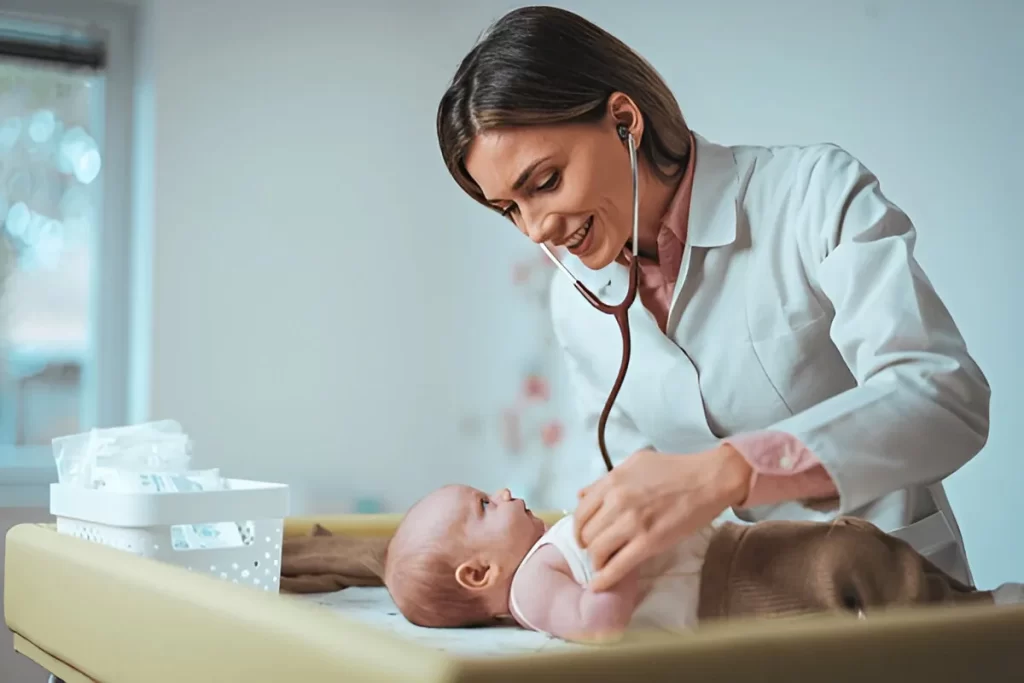 Pediatrician examining an infant during a routine checkup in a clinic.
