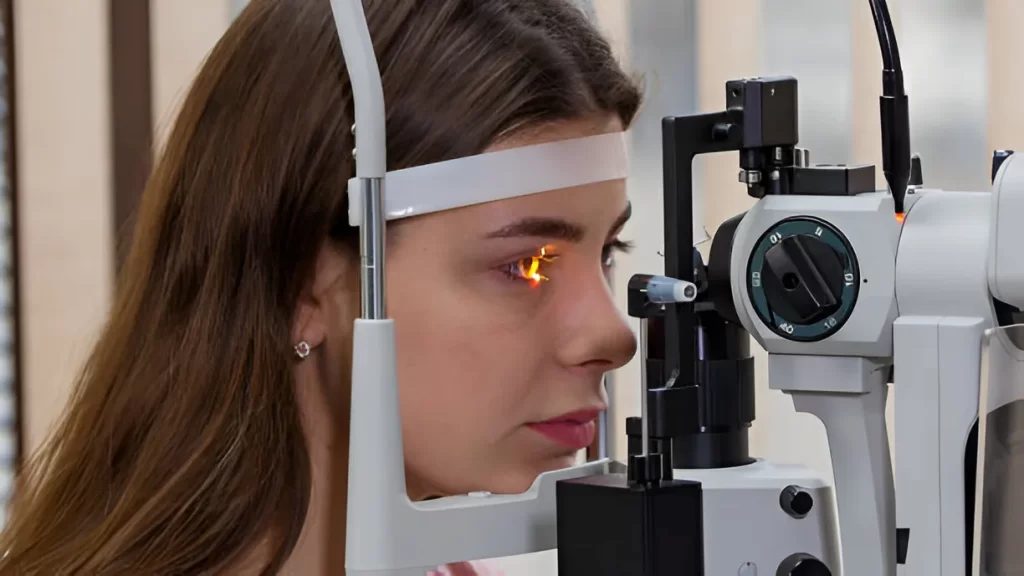 Close-up of a woman receiving an eye examination with a slit lamp device, representing ophthalmology medical billing services.