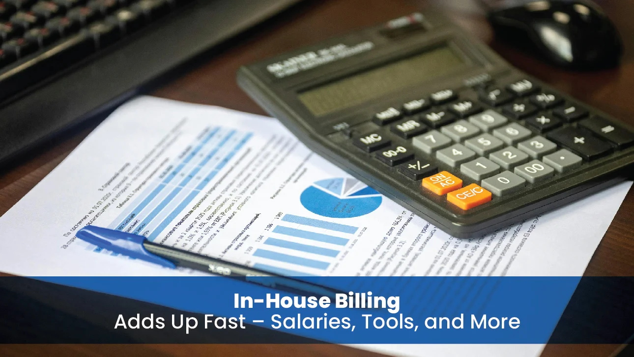 Calculator on financial documents with charts, symbolizing the rising costs of in-house billing such as salaries, software, and office expenses.