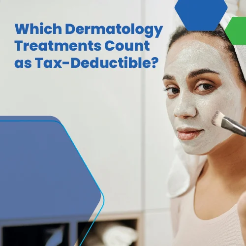 Woman applying a facial mask with text asking which dermatology treatments count as tax-deductible medical expenses.