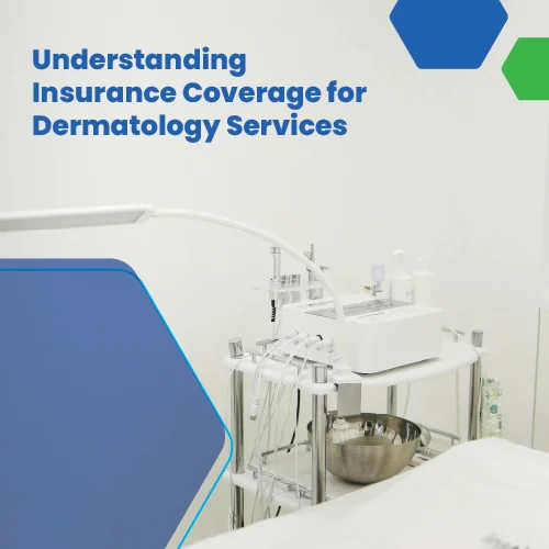 Dermatology clinic room with medical equipment, overlaid with the text ‘Understanding Insurance Coverage for Dermatology Services.