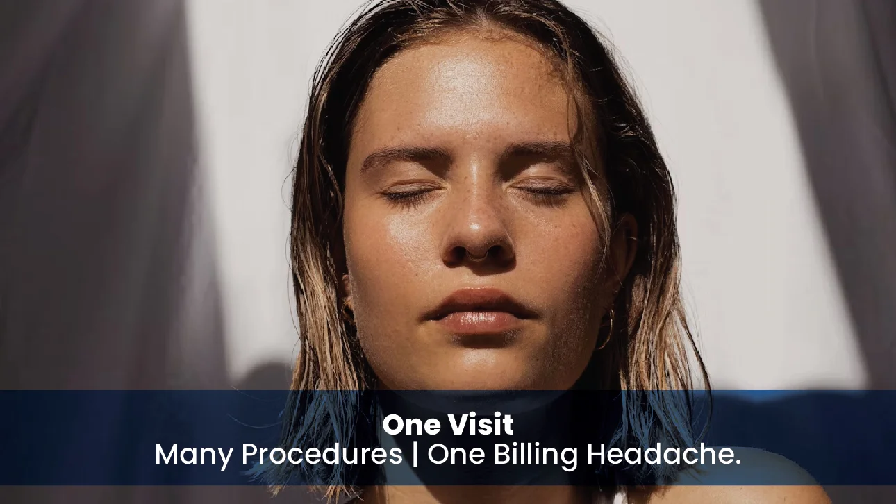 Woman with closed eyes under sunlight, paired with text about multiple dermatology procedures in one visit creating billing challenges.