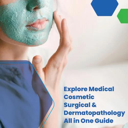 Woman applying a green facial mask, representing different branches of dermatology including medical, cosmetic, surgical, and dermatopathology.