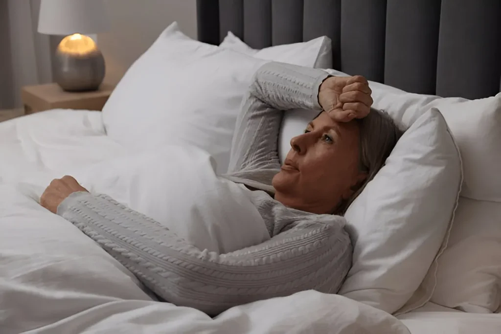 Middle-aged woman lying awake in bed with insomnia — Sleep Medicine Billing Services