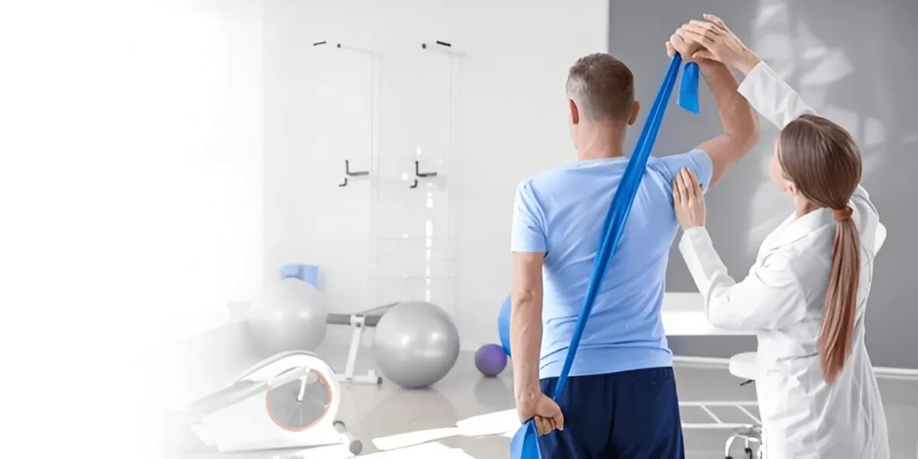 Male patient doing shoulder rehabilitation exercises with resistance band under therapist’s guidance — Physical Medicine and Rehabilitation Billing Services.